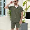 Amazon Transfronterizo Conjunto de Dos Piezas para Hombre de Algodón Color Sólido Moda Hawaiana Cuello Camisero Manga Corta Pantalones Cortos