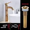 Grifo de Estilo Antiguo Europeo de Cobre Completo Grifo Retro con Junta de Bambú para Lavabo Individual Frío Lavabo Artístico Lavabo de Encimera Grifo de Agua Fría y Caliente