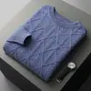 Tricô de Caxemira Outono e Inverno Masculino Gola Redonda Manga Longa Suéter Tricô Torcido de Losango Malha de Base Top