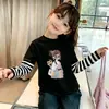 Top Básico Dulce y Lindo Cuello Redondo Nuevo Estilo Primavera y Otoño Falso Dos Piezas Patchwork Rayado Algodón Puro Manga Larga para Niñas