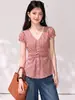 Camisa roja a cuadros de manga corta con ribete de encaje para mujer, top de verano con lazo, manga abullonada, ajustado a la cintura
