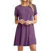 Roupas Femininas Transfronteiriças Europeias e Americanas Amazon Manga Curta Tamanho Grande Cor Sólida Gola Redonda Vestido Longo Camiseta para Mulheres com Design de Cor Contrastante para o Trabalho