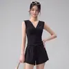 Conjunto de Yoga sin Mangas con Cuello en V Retorcido para Mujer, Corte Entallado que Adelgaza con Cintura Fruncida, Adecuado para Fitness, Running, Entrenamiento y Yoga Deportivo