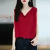 Nuevo Chal de Punto de Lino Irregular con Cuello en V y Perlas Estilo Coreano Color Sólido Simple Versátil Sin Mangas Top para Mujer
