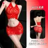 Pensamientos Nocturnos Lloros Nocturnos Lencería de Malla Erótica con Cuello Halter Flecos Borlas Red de Pescado Conjunto de Dos Piezas Body Ajustado Sexy Caliente 9125