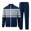 Conjunto Informal de Rayas Patchwork con Cuello de Béisbol, Sudadera de Manga Larga con Cremallera y Pantalones con Cordón, Conjunto Deportivo Diario de Fábrica
