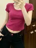 Camiseta de Color Sólido con Cuello Redondo y Hombros Descubiertos para Mujer, Verano, Algodón Puro Elástico, Combinable con Todo, Corte Ajustado, Adelgazante, Estilo Spice Girls, Cubre-carne, Manga Corta para Mujer