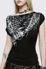 Camiseta de manga corta con estampado de cuadros blanco y negro estilo punk americano de un solo hombro, top ajustado de un solo hombro que marca la cintura para mujer