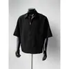 Camisa Texturizada de Listras Verticais de Manga Curta para Homem, Jaqueta de Verão Cleanfit de Manga Três Quartos, Curta, Larga, Boxy, com Zíper