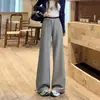 Foto real de pantalones grises de pierna ancha estrecha para mujer, nuevo estilo de otoño 2026, pantalones de chándal rectos y fluidos para yoga casual deportivo, corte holgado