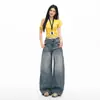 Jeans Lavado com Design Desconstruído Yuppie com Linhas Tridimensionais, Calça Wide Leg para Mulheres, Calça Comprida Feita de Algodão de Primavera