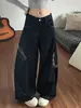 Jeans patchwork com estampa de leopardo retrô americano, barra curva, para mulheres, novo design de outono, calça de trabalho reta de perna larga, moderna