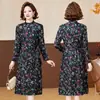 Vestido Largo Floral Anti-envejecimiento Transfronterizo para Mujer Otoño/Invierno Tallas Grandes Ropa de Madre Elegante con Ceñidor en la Cintura Largo hasta la Rodilla Corte en A Midi