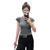 Camiseta de mujer de manga corta, color liso, cuello redondo, nuevo estilo de verano, top de punto sexy con calados, corte ajustado y estilizado, top corto