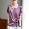 25 Años de Nuevo Estilo de Verano Camiseta de Satén Sedoso Cuello Redondo Manga Corta para Mujer Color Puro Ceñida a la Cintura Holgada Jersey Camiseta Base Superior
