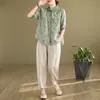 Traje casual de verano de algodón y lino de manga corta para madre de mediana edad, nuevo estilo de verano para mujer, traje de dos piezas de lino de talla grande para mujer