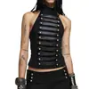 Top europeo y americano punk oscuro sin mangas de cuello halter, top corto sexy negro con múltiples correas de cuero y cierres de bola metálica