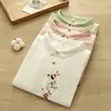 3670 Elegante y Juvenil Camisa de Gasa de Algodón con Bordado de Conejo y Botones de Colores, Manga Media, Nuevo Top Casual de Verano para Mujer