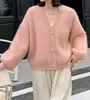Cárdigan de Punto con Cuello en V Estilo Perezoso Otoño e Invierno Nuevo Transfronterizo Chaqueta Suéter Top Versátil de Color Puro Dulce Reductor de Edad para Mujer
