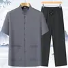Camisa de Verano para Papá, para Hombres de Mediana Edad y Mayores, Traje Tang de Manga Corta, Nuevo Estilo Chino, Color Sólido, Rojo, Cuello Mao, Conjunto Holgado y Cómodo