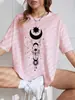 Camiseta Oversized com Ombro Caído 2024 com Estampa de Sol, Lua, Europeia e Americana