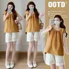 Top de algodón estilo coreano de verano en stock, versátil, adelgazante, para mujeres embarazadas + Conjunto de pantalones cortos con cordón ajustable para mujeres embarazadas