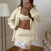 Otoño e Invierno Nuevo Satén Satén Empalme Encaje Manga Larga Ropa Interior Falda Corta Conjunto de Tres Piezas Pijama para Mujer Ropa de Casa Europea y Americana