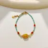 Pulseira de Pérolas e Turquesa Azul Natural Estilo Chinês Retrô para Mulheres, Moda Versátil com Contas Transparentes, Joia de Mão com Design de Nicho