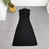 Vestido de Verano de Cintura Alta Color Sólido Commuter Empalmado Negro Midi