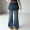 Calça Jeans Feminina Primavera e Outono 2026 Nova Moda Calça Wide Leg para Crianças, Calça Saia Estilosa com Aba Traseira para Meninas Mais Velhas