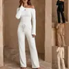 Chegada Nova Outono 2026 Transfronteiriço Europeu e Americano Top de Um Ombro Manga Longa Calça Longa de Perna Larga com Cordão Conjunto Casual de Tricô Feminino