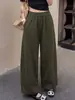 Calça de Trabalho Feminina Verde Militar, Outono Engrossada, Petite, Casual Relaxada de Cintura Alta, Perna Larga Cropped Balão