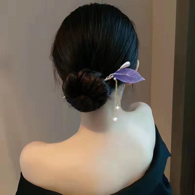 商品详情图_古风紫色刺绣树叶珍珠流苏发簪女复古汉服步摇发钗高