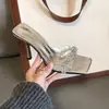 Sapatos de Salto Alto Stiletto com Strass, Bico Quadrado, Abertos na Ponta, Chinelos Prateados para Mulheres, Novo Item Tendência Estilo Francês Verão 2025