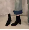 Botines de tacón alto estilo coreano, botines tipo Dr. Martens de gamuza, nueva colección otoño/invierno, forro polar, punta cuadrada, botines cortos de ajuste ceñido para mujer