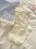 Meias de algodão com trama vazada para primavera e verão fita de cetim branca de leite laço combinam com tudo sem costura confortáveis meias JK japonesas e coreanas para mulheres com dobra