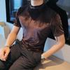 Camiseta de Veludo com Gola Alta Parcial Colorida da Moda para Meninos Estilo Coreano Slim Manga Curta Camiseta Básica Apertada Entrega Secreta