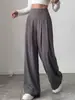 Pantalones Casuales Largos de Mujer Transfronterizos Gris Oscuro de Cintura Alta Pierna Ancha Cómodos Estilo Casual Cubren Cadera Plisado Con Caída