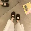 Sapatos Femininos Peludos Redondos Estilo Retrô Cor de Café para Outono e Inverno, Sapatilhas Mary Jane de Lã Estilo Fada para Maternidade