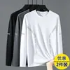 Camiseta de manga larga para hombre para primavera y otoño, disponible en blanco puro y negro, con cuello redondo, adecuada como capa base o camiseta interior, y un diseño fino y ligero para usar en otoño