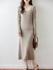 Vestido Largo de Lana con Cuello en U para Mujer, Falda Plisada de Otoño e Invierno, Vestido Suéter Básico de Punto para Mujer