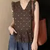 Top de chifón sin mangas floral vintage talla extra para mujer, diseño de volantes con cuello en V para verano, top fino de nicho
