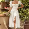 2026 Amazon Sitio Independiente Ropa Europea y Americana para Mujer Nuevo Floral Cuello Cuadrado Sexy Abertura Dobladillo Amplio Vestido de Primavera para Mujer
