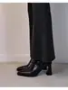 Botines de Cuero Suave con Punta Cuadrada y Cremallera Trasera, Tacón Grueso Adelgazante, Corte Bajo, Moda Versátil para Mujer, Zapatos de una Sola Pieza