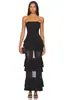 Vestido Longo de Festa Bodycon Sem Alças com Ruffles em Camadas e Tela Transparente Gown Longo Europeu Americano Sexy Bandeau de Noite