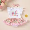 Roupa Nova de Aniversário para Bebê Menina Verão 2026: Conjunto de Macacão Triângulo com Manga Flare, Calça PP e Faixa de Cabeça com Laço