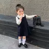 Roupas Infantis Coreanas, Vestidos para Meninas, Estilo Outono, Vestido Colete Azul Marinho Super Lindo para Crianças, Saia Estilo Britânico para Bebê
