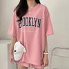 Conjunto de Shorts de Manga Curta 100% Algodão Feminino Duas Peças Nova Moda de Verão Casual Roupa Esportiva Solta Camarão