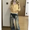 Jeans Feminino Retro Americano Desgastado com Corte de Foice 2026 Outono Novo Cintura Alta Solto Reto Perna Larga Calças com Corte de Foice