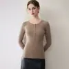 Nueva colección de otoño e invierno: Capa base de punto 100% cachemira pura, suéter de canalé ajustado para mujer, cuello redondo, top semiabierto